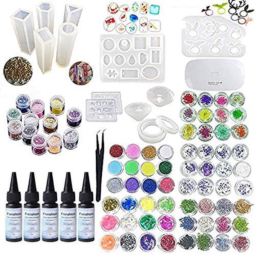 5 Pieces 30ML Crystal Epoxy Resin Glue,72 Decoration with Lamp and Tweezer,13Pcs Transparant Silicone Mold 100 Pieces Rings Metal Accessories for Handcraft Jewelry Earrings Necklace Bracelet