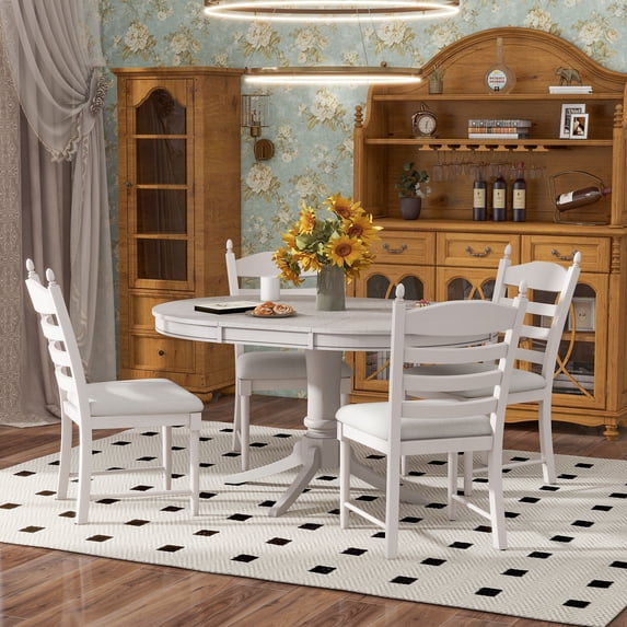 5 Pieces 42-58" Extendable Round Dining Table Set with 16" Removable Leaf for 4, Dining Table with 4 Upholstered Dining Chairs, Retro Functional Wood Table Set for Dining Room
