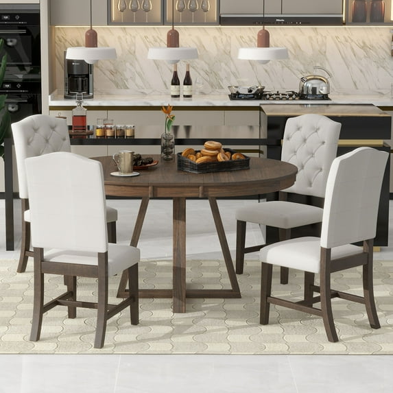 5 Pieces 42-58" Extendable Round Dining Table Set with 16" Removable Leaf for 4, Dining Table with 4 Upholstered Dining Chairs, Retro Wood Table Set for Dining Room