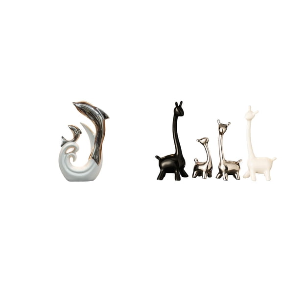 5 Pieces Abstract Dolphin Giraffe Sculpture Modern Ceramic Silver White Decor for Living Room Office Bookshelf