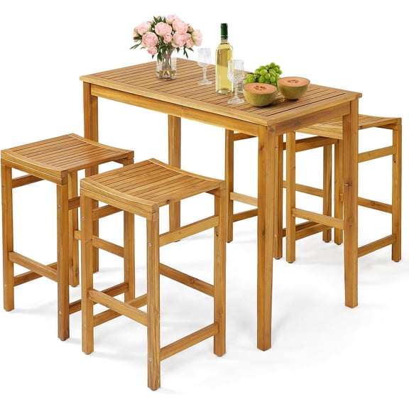 5 Pieces Acacia Wood Patio Bar Set, Outdoor Bar Height Table and Saddle Stool Chairs Set with Slatted Surface, Patio Dining Bistro Pub Set for Garden, Yard, Poolside
