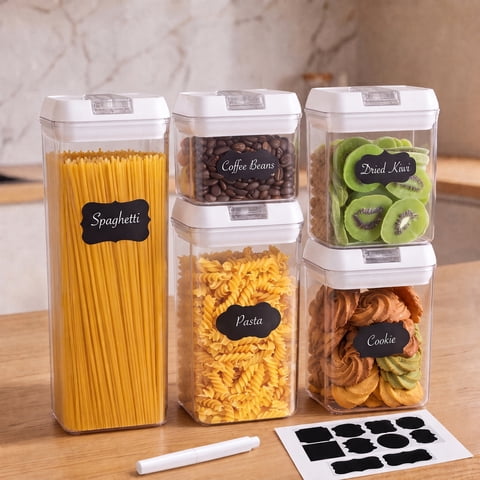 YEERSWAG® 5pcs Airtight Food Storage Containers,Assorted Size 0.5L/0.8L/1.2L/1.9L BPA-Free Pantry Canisters,Stackable Clear Cereal Flour Pasta Containers with Labels & Marker for Kitchen Organization