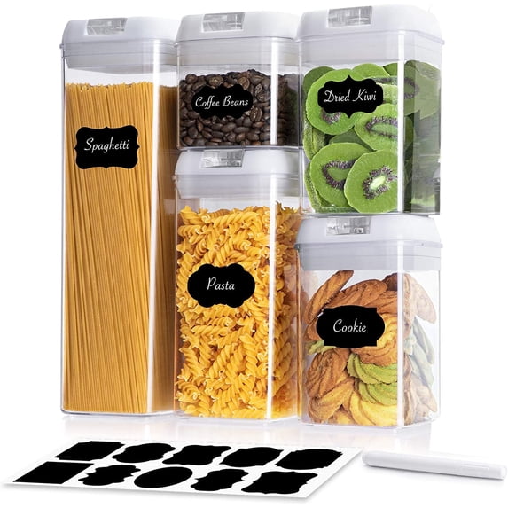 YEERSWAG® 5pcs Airtight Food Storage Containers,Assorted Size 0.5L/0.8L/1.2L/1.9L BPA-Free Pantry Canisters,Stackable Clear Cereal Flour Pasta Containers with Labels & Marker for Kitchen Organization