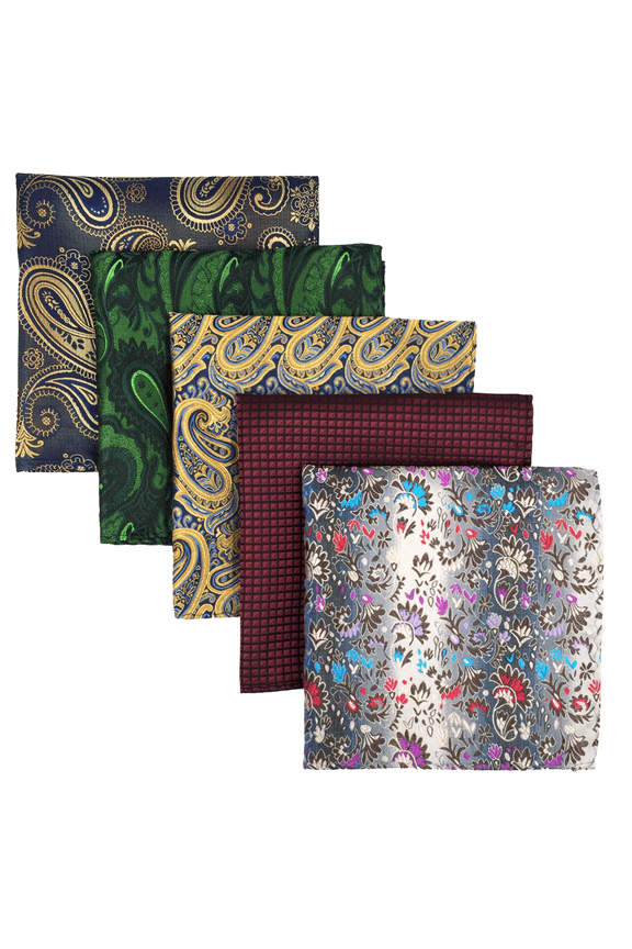 5 Pieces Assorted Mens Silk Pocket Square Handkerchiefs Set 23