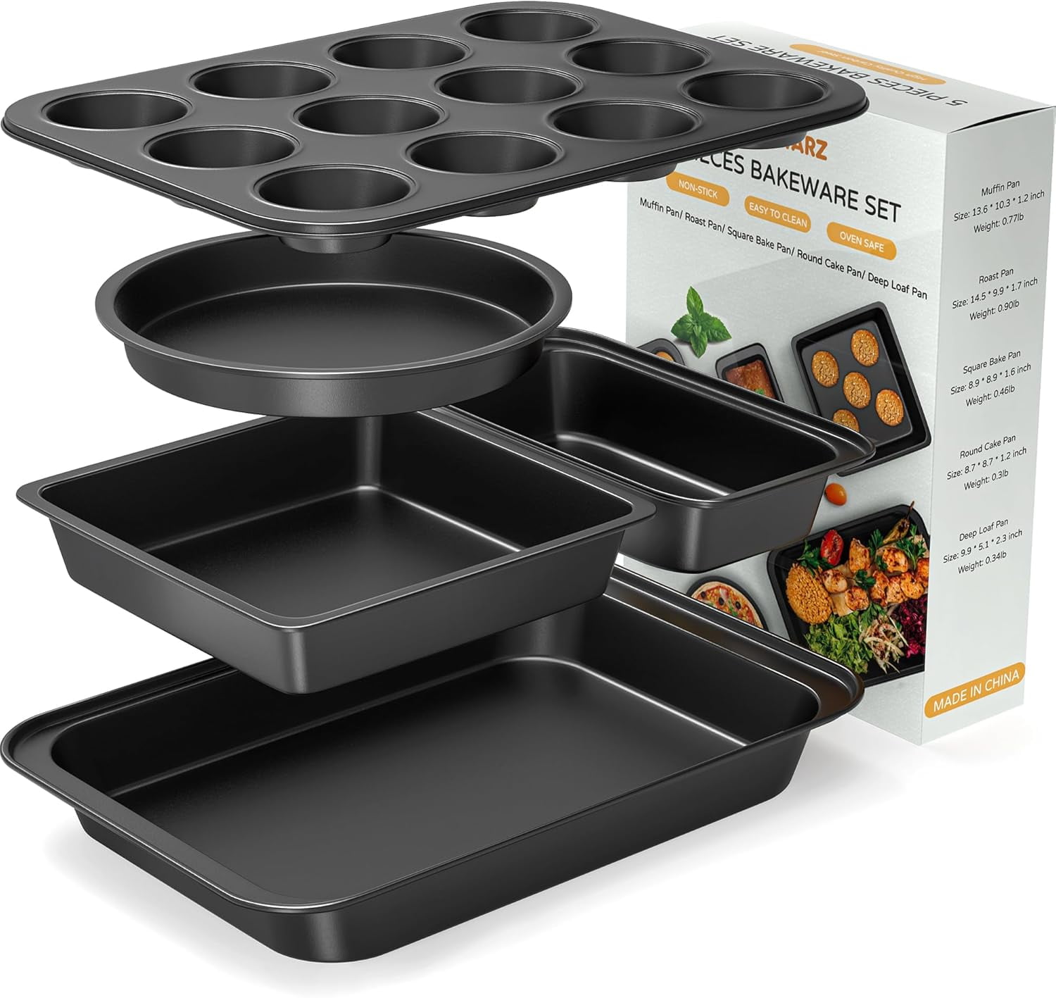 5 Pieces Baking Pans Set, Nonstick Sheet Tray Oven Bakeware Supplies ...