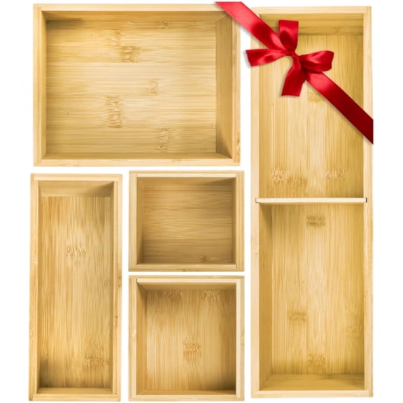 5 Pieces Bamboo Drawer Organizer, Multi-Use Individual Junk Tea Storage Drawer Tray Set with Removable Dividers, Adjustable Cutlery Utensils Holder Bin for Kitchen, Office, Bathroom