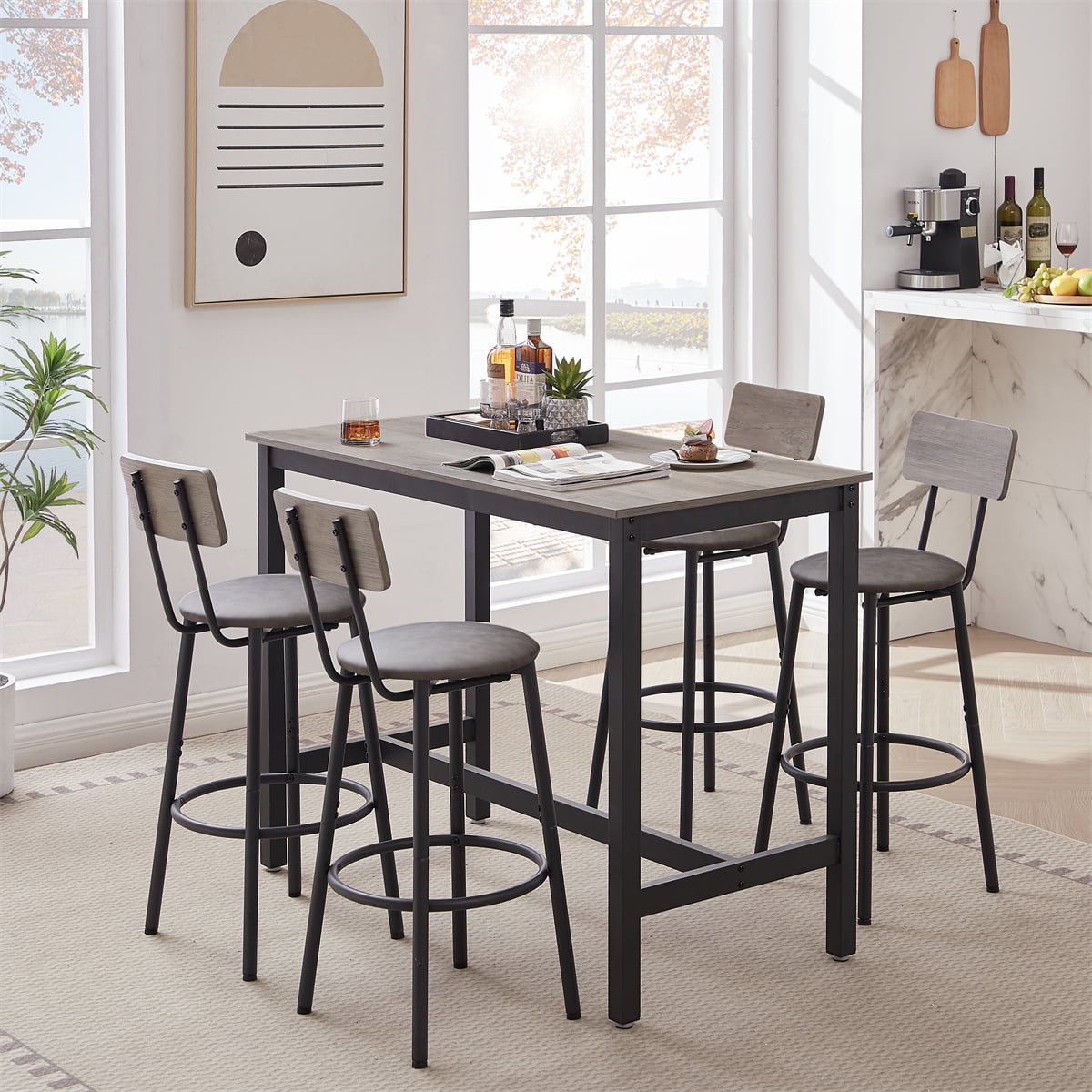 5 Pieces Bar Table Set, Counter Height Pub Table and 4 PU Soft Stools with Backrest, High ...