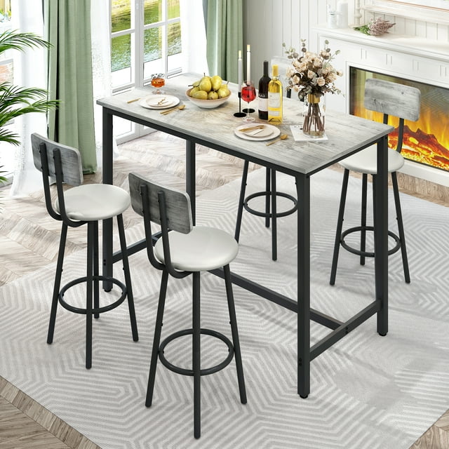 5 Pieces Bar Table Set, Industrial Style Dining Table Set with 4 PU