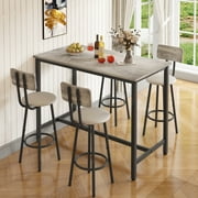 5 Pieces Bar Table Set, Industrial Style Dining Table Set with 4 PU Upholstered Stools, Counter Height Dining Table and Chairs Set, Metal Frame and Wood Top Table Kitchen Furniture Set for Dining Room