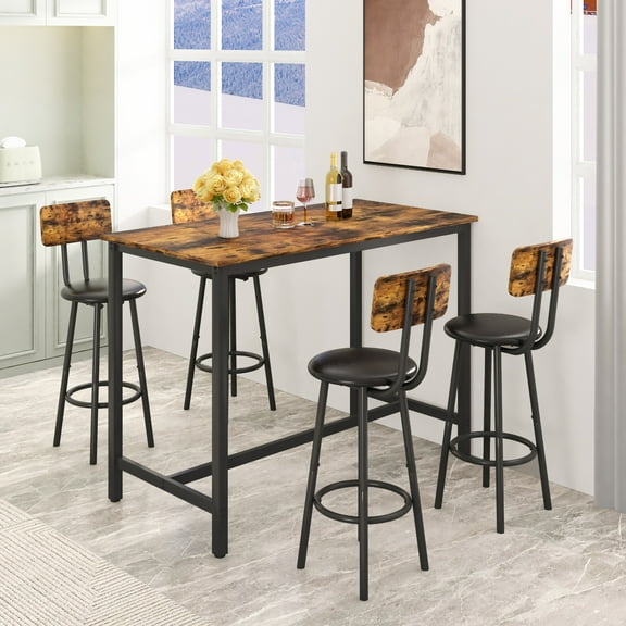 5 Pieces Bar Table Set, Industrial Style Dining Table Set with 4 PU Upholstered Stools, Counter Height Dining Table and Chairs Set, Metal Frame and Wood Top Table Kitchen Furniture Set for Dining Room