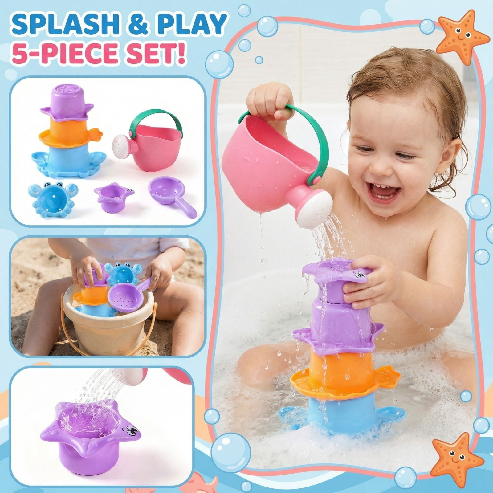 5 Pieces Bath Toys, Outdoor Water Table Toys Beach/Pool Toy Gift ...