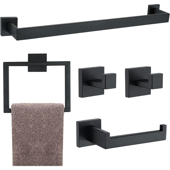 5 Pieces Bathroom Hardware Accessories Set Matte Black, 16Inch Square Towel Racks Set for Bathroom, SUS304 Stainless Steel Towel Bar Set, Bath Accessories Sets Wall Mounted