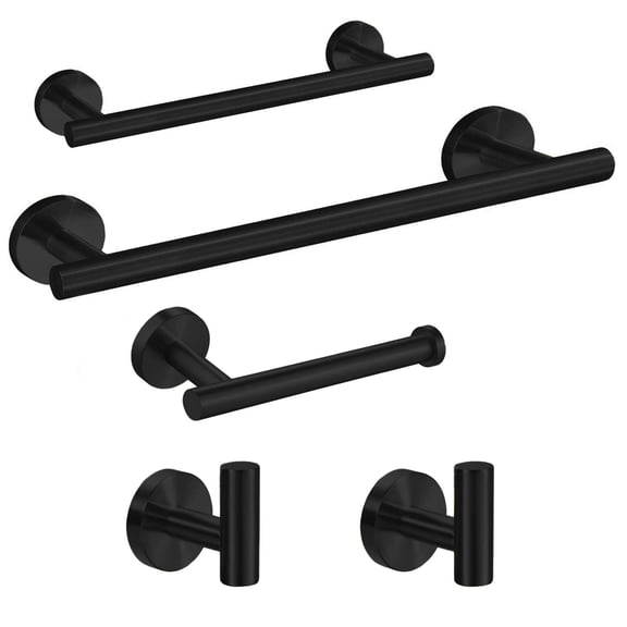 5 Pieces Bathroom Hardware Set 9" + 24" Towel Bar Tissue Paper Roll Holders 2x Wall Mounted Hook Brushed Matte Black Heavy Duty 304 Stainless Steel