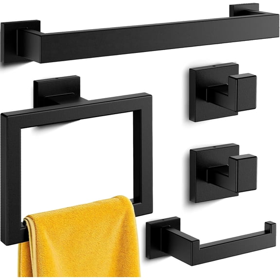 5-Pieces Bathroom Hardware Set & Accessories, Rustproof Towel Racks for Bathroom Wall Mounted, 16" Towel Bar, Toilet Paper Holder, Ring & 2 Hooks, Matte Black