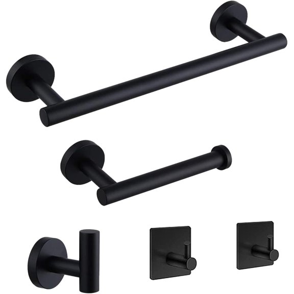 5-Pieces Bathroom Hardware Set, SUS304 Stainless Steel Towel Rack Set, 16" Hand Towel Rack, Toilet Paper Rack, 3 Bathrobe Towel Hooks, Bathroom Accessories, Towel Rack Set(Matte Black)