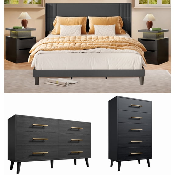 5 Pieces Bedroom Furniture Set, Includes King Size Bed Frame with Headboard,5-Drawers Dressers,6-Drawers Dressers,Nightstand Set of 2 for Bedroom,Black