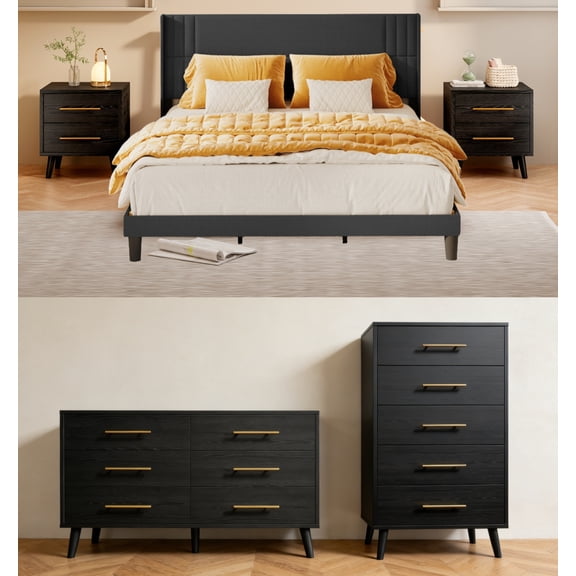 5 Pieces Bedroom Furniture Set, Includes King Size Bed Frame with Headboard,5-Drawers Dressers,6-Drawers Dressers,Nightstand Set of 2 for Bedroom,Black