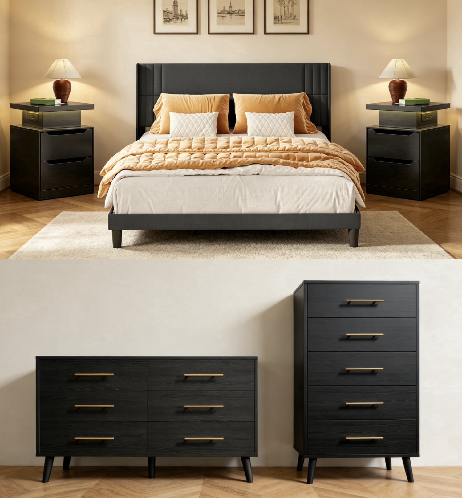 5 Pieces Bedroom Furniture Set, Includes King Size Bed Frame with Headboard,5-Drawers Dressers,6-Drawers Dressers,Nightstand Set of 2 for Bedroom,Black