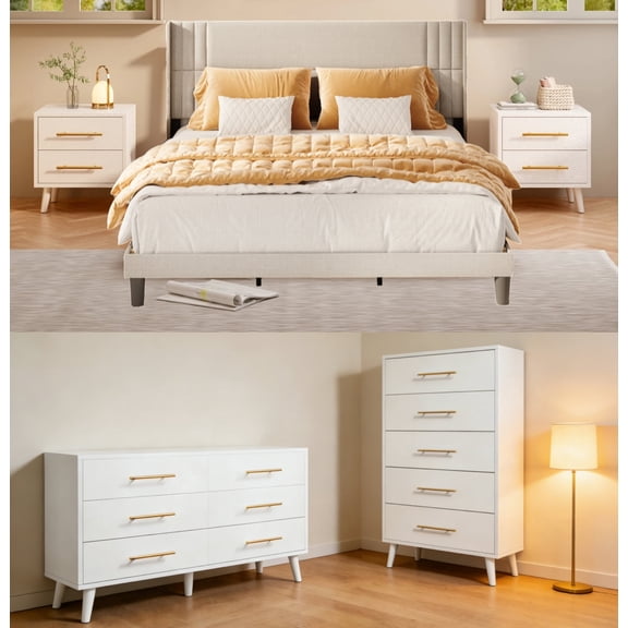 5 Pieces Bedroom Furniture Set, Includes King Size Bed Frame with Headboard,5-Drawers Dressers,6-Drawers Dressers,Nightstand Set of 2 for Bedroom,White