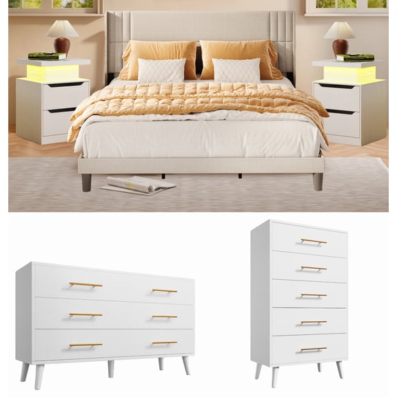 5 Pieces Bedroom Furniture Set, Includes King Size Bed Frame with Headboard,5-Drawers Dressers,6-Drawers Dressers,Nightstand Set of 2 for Bedroom,White