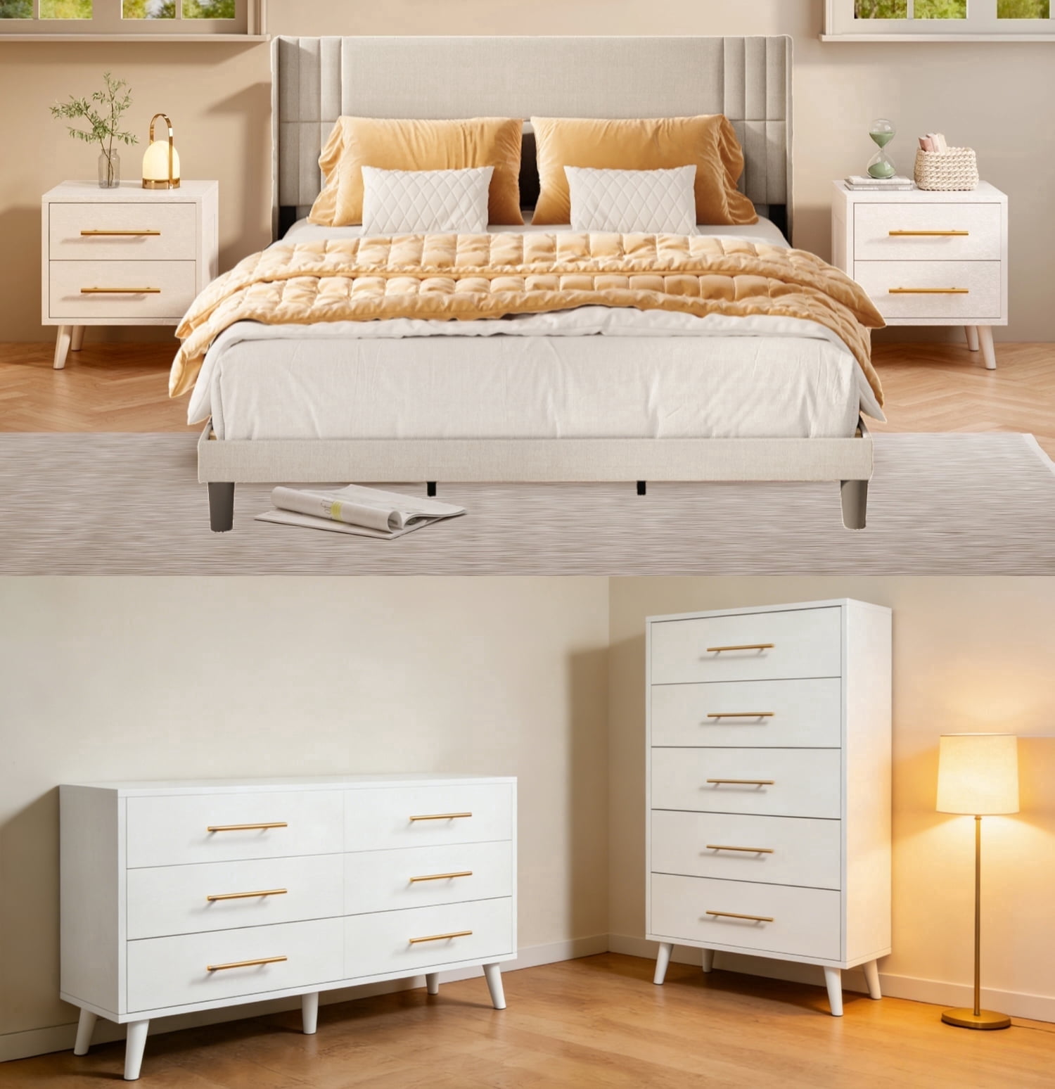 5 Pieces Bedroom Furniture Set, Includes King Size Bed Frame with Headboard,5-Drawers Dressers,6-Drawers Dressers,Nightstand Set of 2 for Bedroom,White