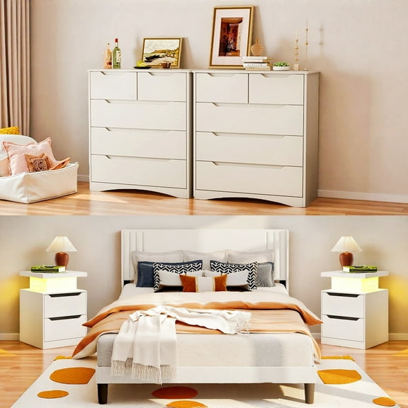 5 Pieces Bedroom Furniture Set - Includes One Beige Full Size Bed Frame, Two Nightstands with LED Lights, One Dresser and One Over the Toilet Storage Cabinet for Modern Home Furniture Decor