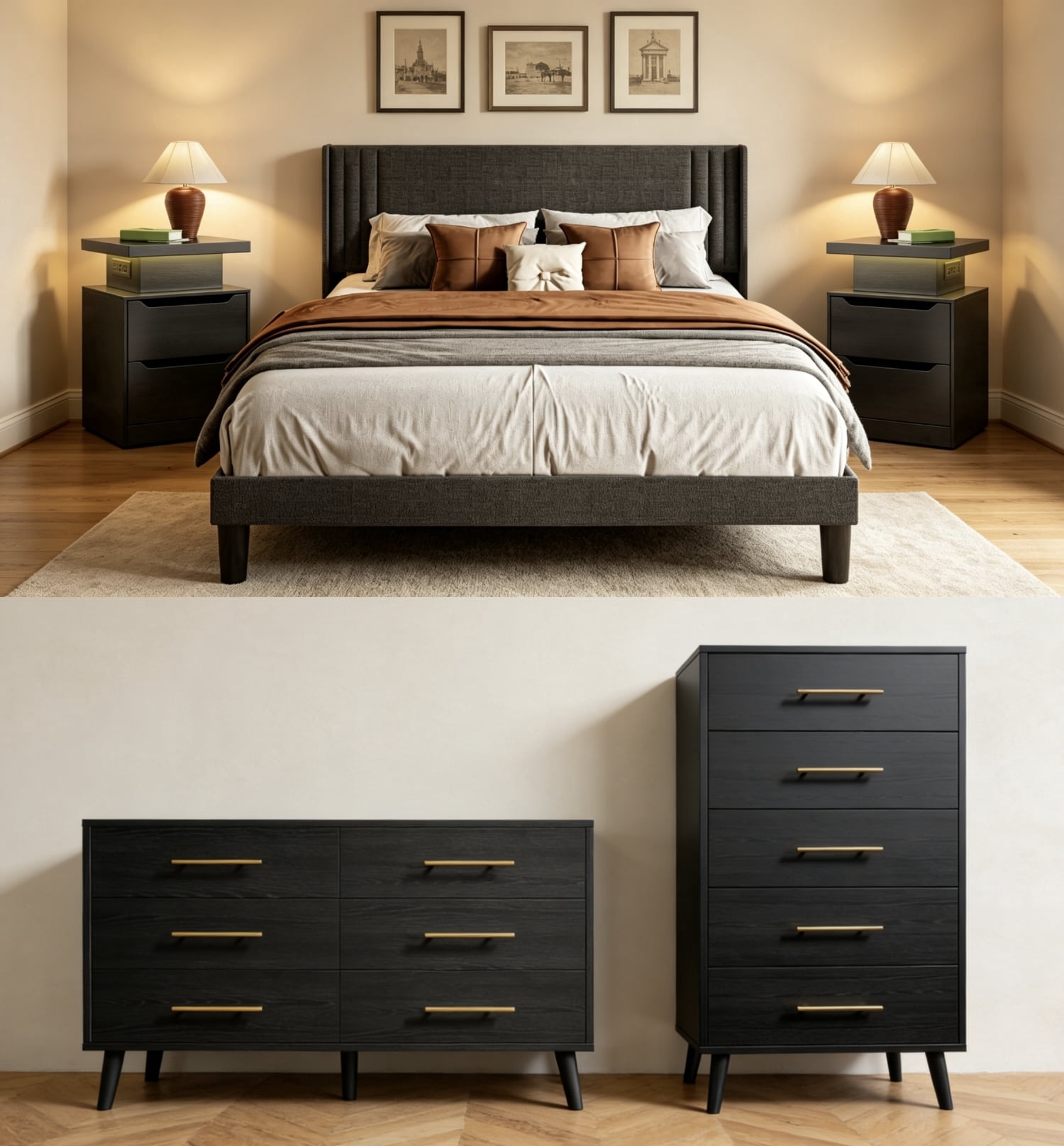 5 Pieces Bedroom Furniture Set, Includes Queen Size Bed Frame with Headboard, Nightstand Sets of 2,5-Drawers Dressers and 6-Drawers Dressers with Golden Mental Handle,Black