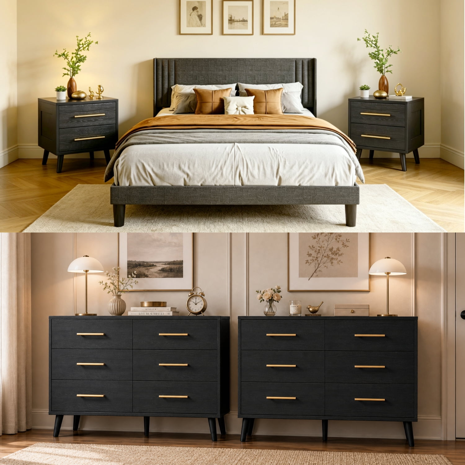 5 Pieces Bedroom Furniture Set, Includes Queen Size Bed Frame with Headboard,Nightstand Sets of 2,6-Drawers Dressers with Mental Handle