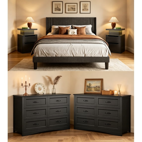 5 Pieces Bedroom Furniture Set, Includes Queen Size Bed Frame with Headboard,Nightstand Sets of 2,6-Drawers Dressers with Mental Handle,Black