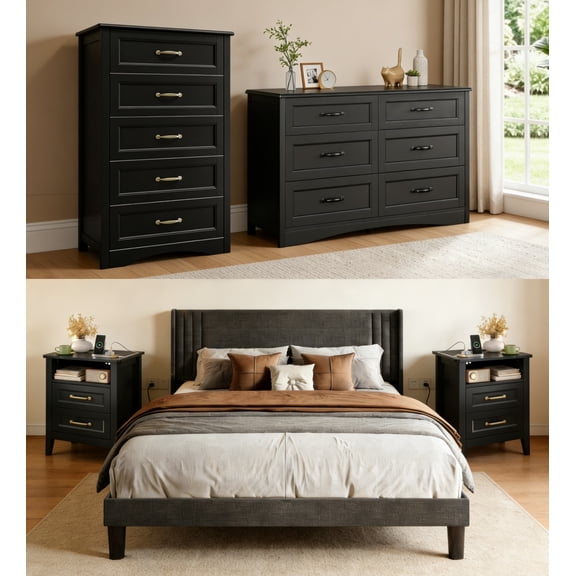 5 Pieces Bedroom Furniture Set, Includes Queen Size Bed Frame with Headboard, LED-Nightstand Sets of 2,7-Drawers Dressers and 4-Drawers Dressers with Mental Handle,Black
