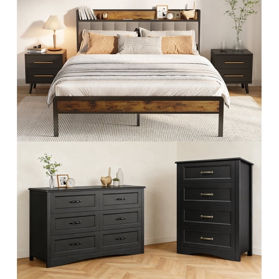 5 Pieces Bedroom Furniture Set, Includes Queen Size Bed Frame with Headboard, LED-Nightstand Sets of 2,7-Drawers Dressers and 4-Drawers Dressers with Mental Handle,Black