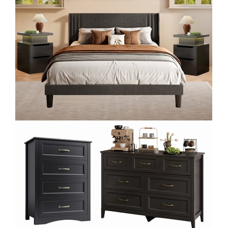 5 Pieces Bedroom Furniture Set, Includes Queen Size Bed Frame with Headboard, LED-Nightstand Sets of 2,7-Drawers Dressers and 4-Drawers Dressers with Mental Handle,Black