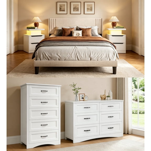 5 Pieces Bedroom Furniture Set, Includes Queen Size Bed Frame with Headboard, Nightstand Sets of 2,6-Drawers Dressers and 5-Drawers Dressers with Mental Handle,White