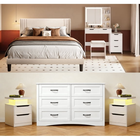 Asofer 5 Pieces Bedroom Furniture Set, Includes Queen Size Bed Frame with Headboard, Vanity Desk with 5 Storage Drawers,Mirror and Lights,6-Drawers Dressers and Nightstand Sets of 2,White
