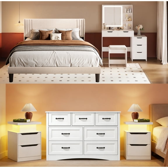 Asofer 5 Pieces Bedroom Furniture Set, Includes Queen Size Bed Frame with Headboard, Vanity Desk with 5 Storage Drawers,Mirror and Lights,6-Drawers Dressers and Nightstand Sets of 2,White