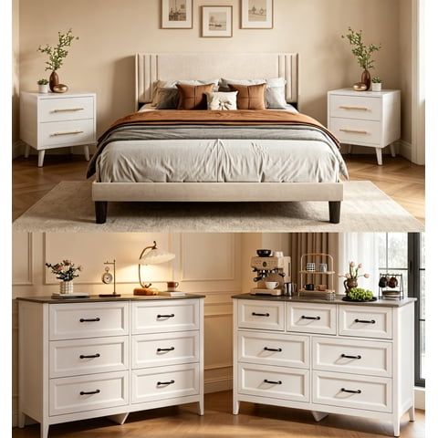 5 Pieces Bedroom Furniture Set, Includes Queen Size Bed Frame with Headboard, 2 Wooden Cutout Handle Dressers,Nightstand Set of 2 for Bedroom, White