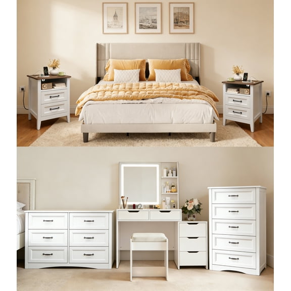6 Pieces Queensize Bedroom Furniture Set, Includes Queen Size Bed Frame with Headboard,Vinaty with 5 Storageļ¼5-Drawers Dressers,6-Drawers Dressers,Nightstand Set of 2 for Bedroom,White