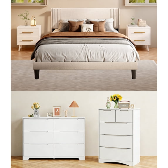 5 Pieces Bedroom Furniture Set, Includes Queen Size Bed Frame with Headboard, 2 Wooden Cutout Handle Dressers,Nightstand Set of 2 for Bedroom, White