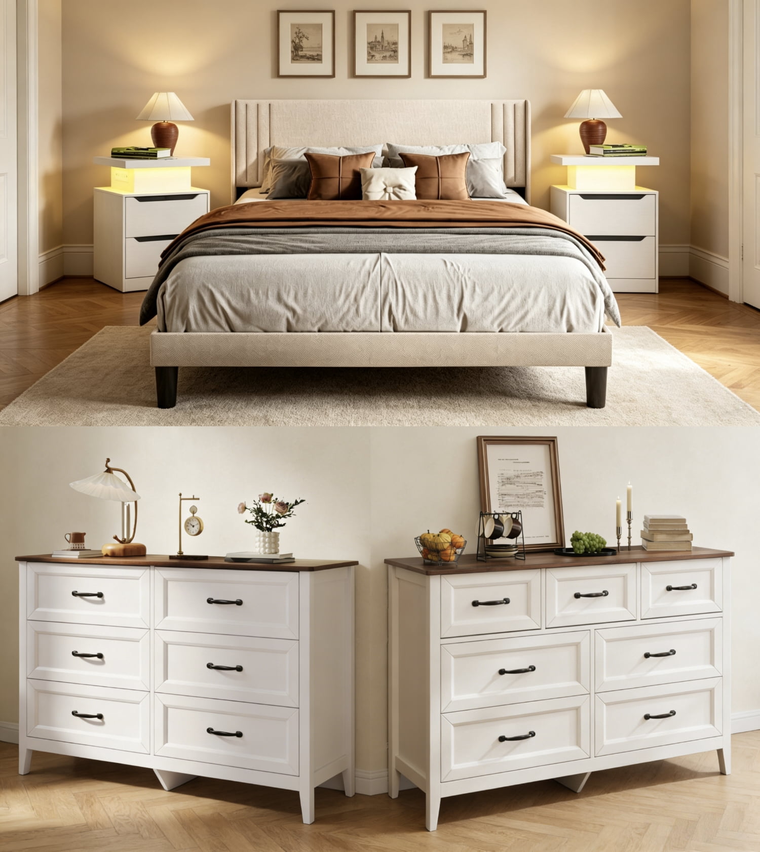 5 Pieces Bedroom Furniture Set, Includes Queen Size Bed Frame with Headboard, 2 Wooden Cutout Handle Dressers,Nightstand Set of 2 for Bedroom,