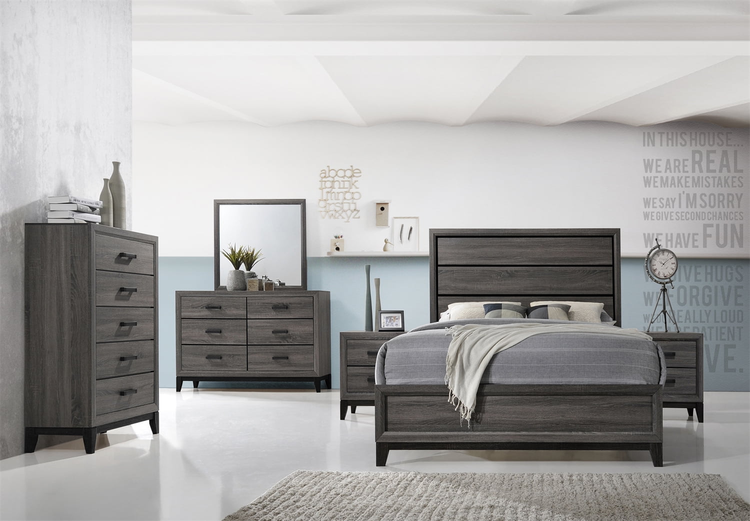 5 Pieces Bedroom Furniture Sets with Queen Bed Frame, 1 Nightstand, Dresser, Chest, Mirror, Modern Wooden Bedroom Sets for Adults