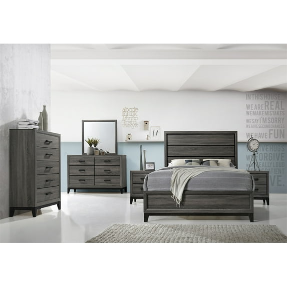5 Pieces Bedroom Furniture Sets with Queen Bed Frame, 1 Nightstand, Dresser, Chest, Mirror, Modern Wooden Bedroom Sets for Adults