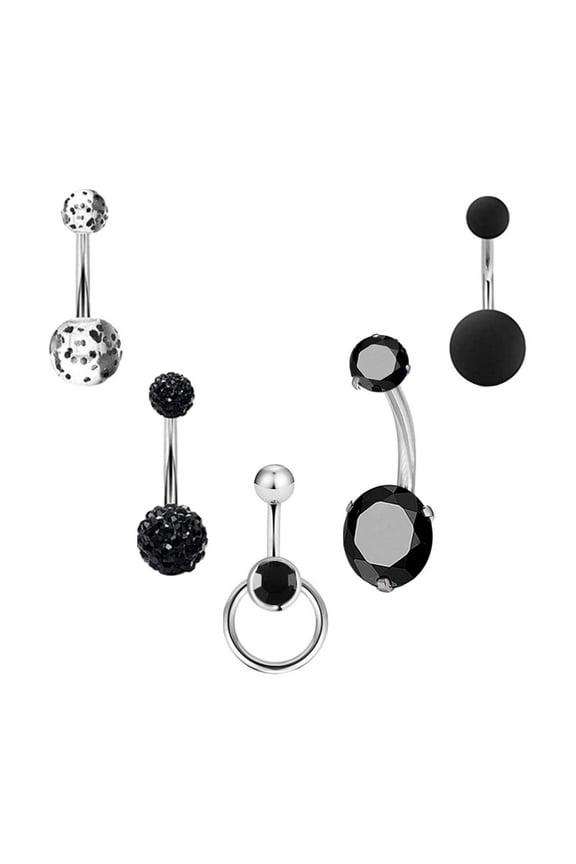 5 Pieces Belly Button Rings Navel Barbell 10mm Short Fashion Stainless Steel Zircon 1.6mm for Women Glitter Matte Navel Rings Black