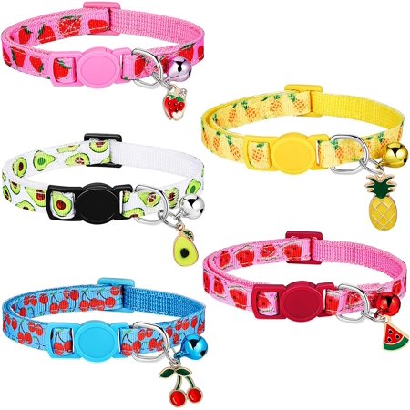 5 Pieces Breakaway Cat Collars with Bell Colorful Summer Fruit Style Adjustable Pet Collar with Pineapple Watermelon Cherry Strawberry Avocado Patterns for Kitten Kitty Cat Tropical Hawaii Party