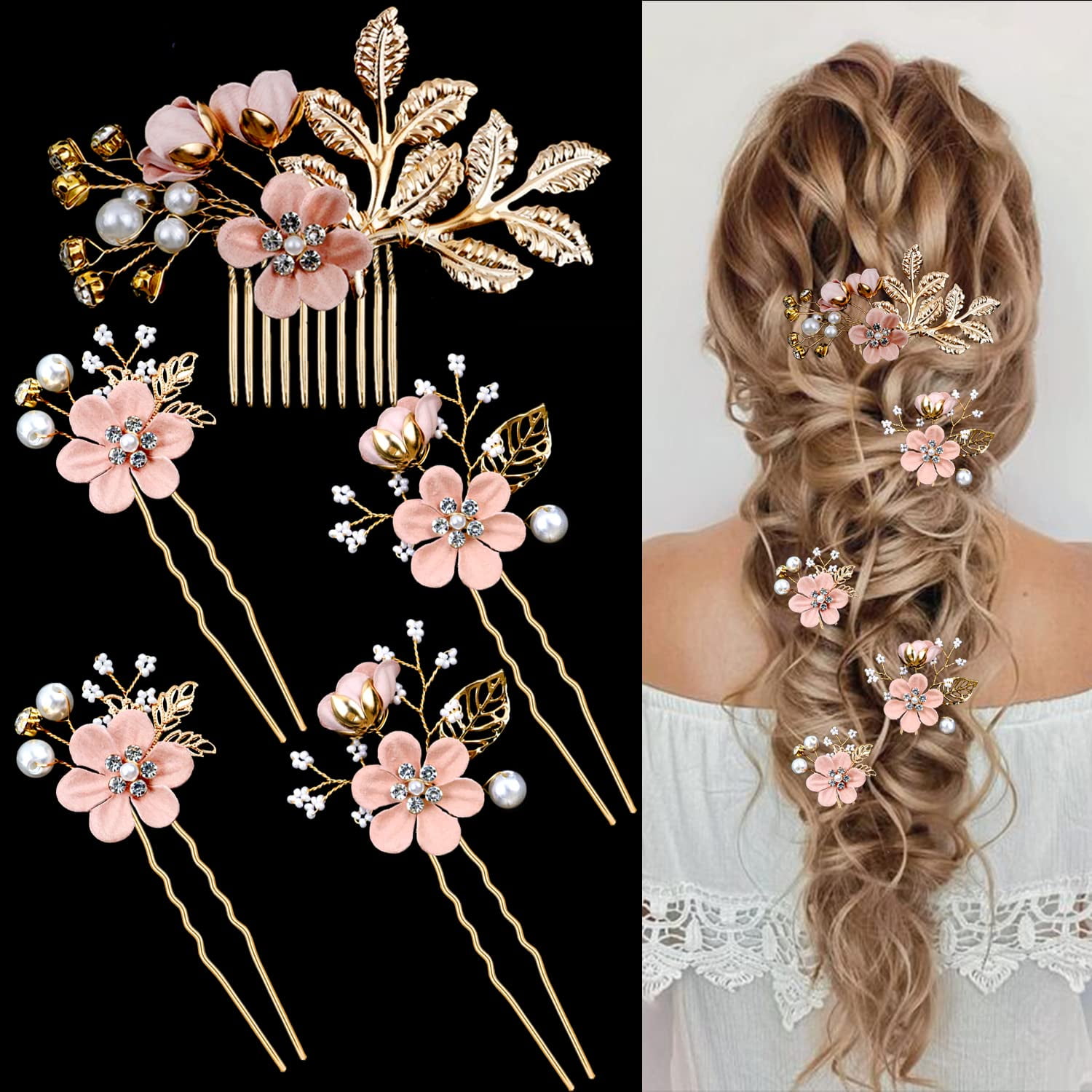 5 Pieces Bridal Flower Wedding Hair Pins Crystal Pearl Hair Pins Clips Headpiece Gold Wedding Hair Accessories Jewelry with Rhinestone for Brides Bridesmaids Women Girls Updo(Cherry Blossoms Pink)