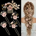 thumbnail image 1 of 5 Pieces Bridal Flower Wedding Hair Pins Crystal Pearl Hair Pins Clips Headpiece Gold Wedding Hair Accessories Jewelry with Rhinestone for Brides Bridesmaids Women Girls Updo(Cherry Blossoms Pink), 1 of 5