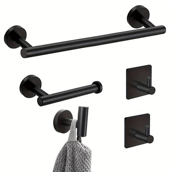 5-Pieces Brushed Black Bathroom Hardware Set SUS304 Stainless Steel Round Wall Mounted - Includes 16" Hand Towel Bar, Toilet Paper Holder, 3 Robe Towel Hooks, Bathroom Accessories Kit