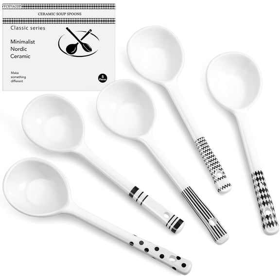 5 Pieces Ceramic Spoons,Asian Soup Spoon,Ramen Spoons,Japanese Soup Spoons,Ceramic Large Soup Spoons Chinese Soup Spoons for Pho,Wonton,Dumpling,Noodles (Black-6.5 in)