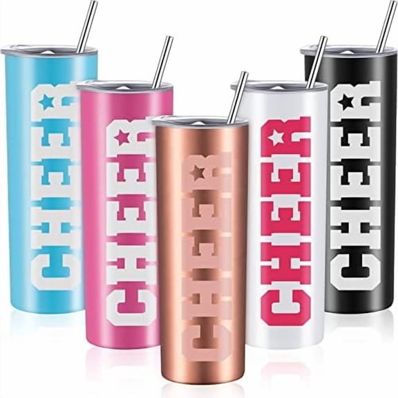 5 Pieces Cheerleader Skinny Tumbler Gifts Stainless Steel Cheer Water Bottle Cup with Lid Straw and Brush Cheerleader Gifts 20 oz Insulated Water Glasses Cheer Team Favors, 5 Colors