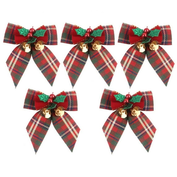 5 Pieces Christmas Buffalo Plaid Bow Ribbon Bow with Bell Christmas Tree Decoration Bows for Christmas Parties Christmas Trees Indoor Outdoor Crafts(Red and Green)