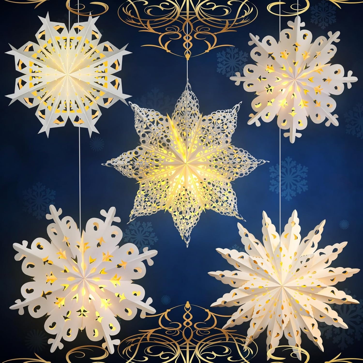 5 Pieces Christmas Snowflake Paper Lantern with 7 Light up Star Paper 3D Hanging Lantern Lamp Party Decoration for Weddings Holiday Xmas Trees(Cute Style,White)